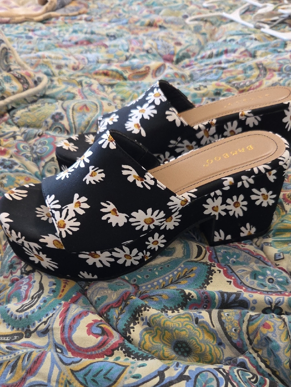 BAMBOO Black Platform Mules with White Daisy Print